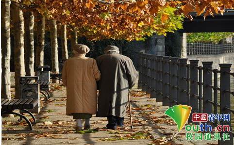 一对年过半百的老人相互扶持着,慢慢穿过阳光正好的林荫大道,慢慢